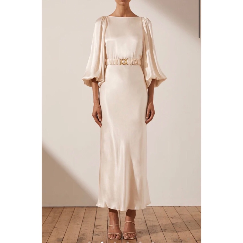 SHONA JOY LA LUNE BALLOON SLEEVE MIDI DRESS WITH BELT - CREAM SIZE 4